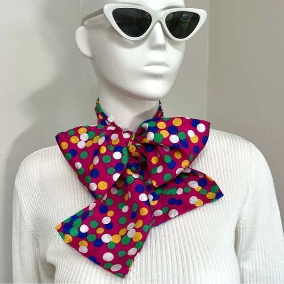 Vintage 1970s / 1980s Handmade Quirky Rainbow Polka Dot Hair Neck or Bag Scarf - Picture 1 of 3